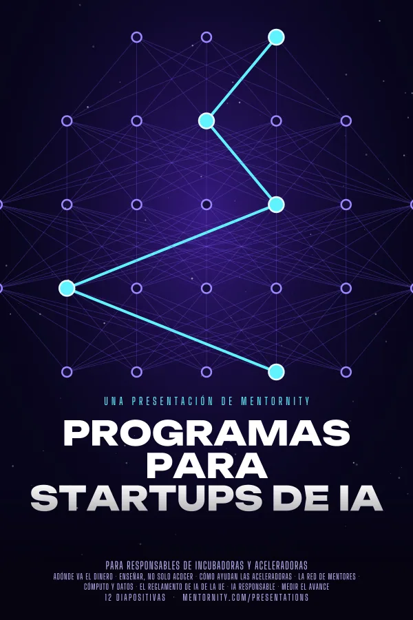 Póster de estilo cinematográfico de la presentación Programas para startups de IA