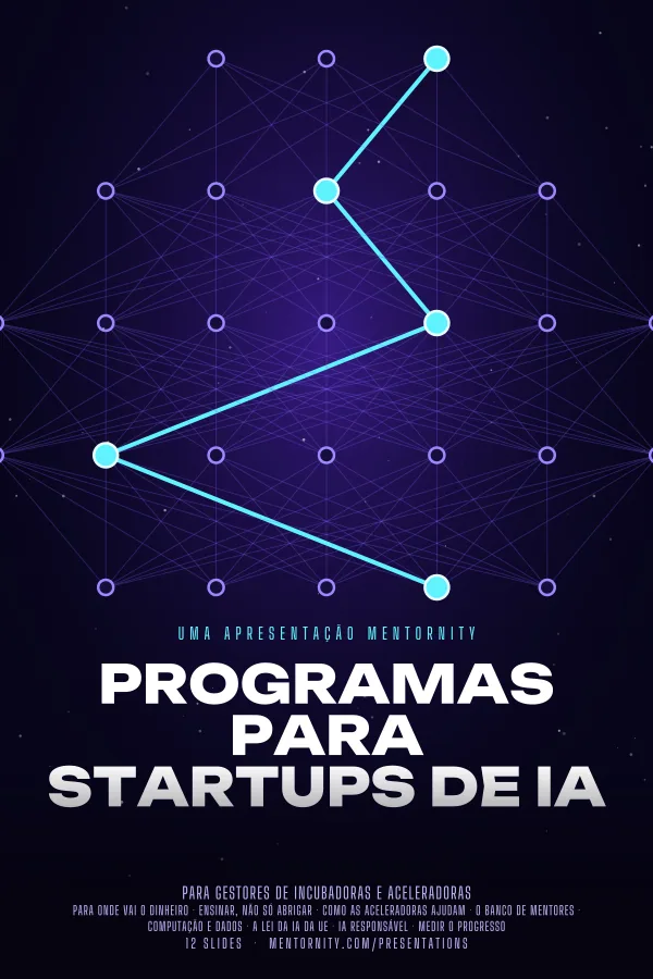 Pôster em estilo de cinema da apresentação Programas para startups de IA