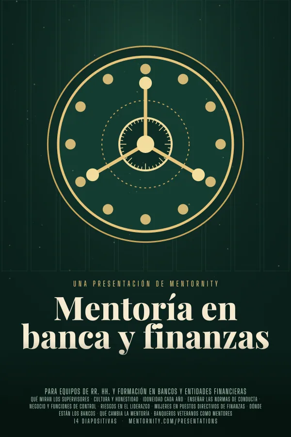 Póster de estilo cinematográfico de la presentación Mentoría en banca y finanzas