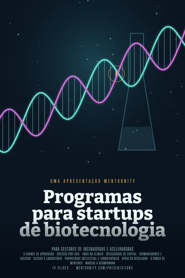 Pôster em estilo de cinema da apresentação Programas para startups de biotecnologia