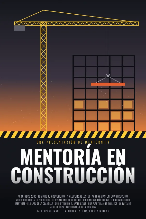 Póster de estilo cinematográfico de la presentación Mentoría en construcción