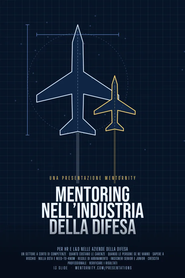Locandina in stile film della presentazione Mentoring nell’industria della difesa