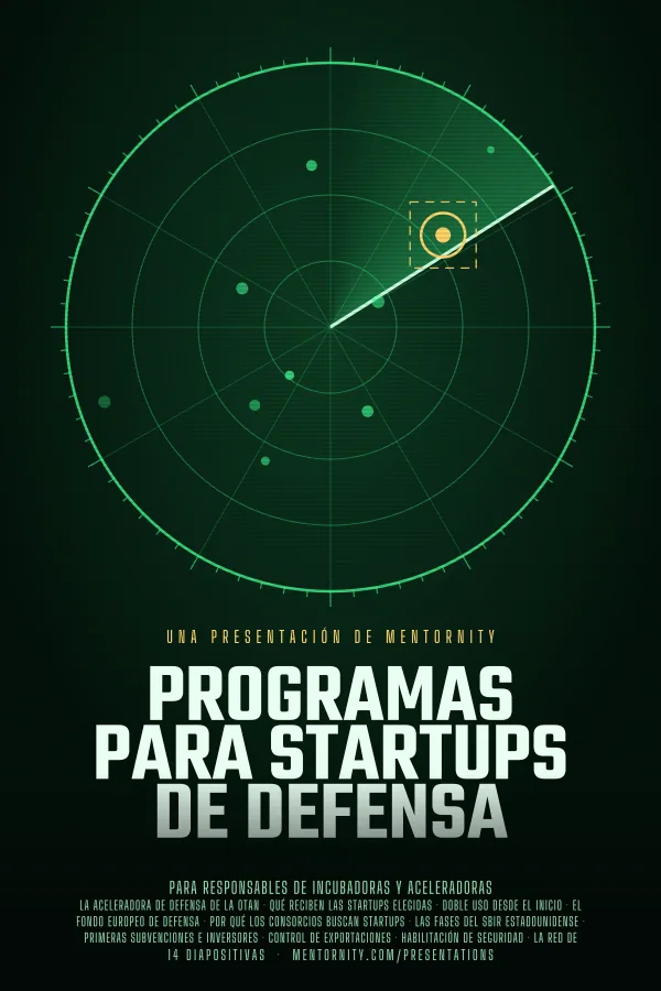 Póster de estilo cinematográfico de la presentación Programas para startups de defensa