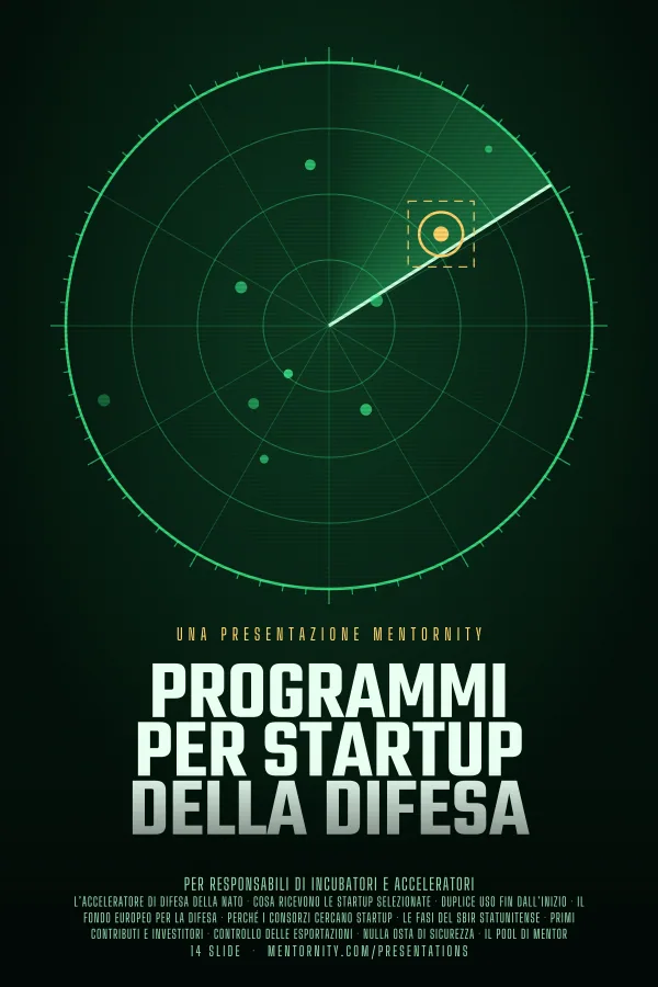 Locandina in stile film della presentazione Programmi per startup della difesa