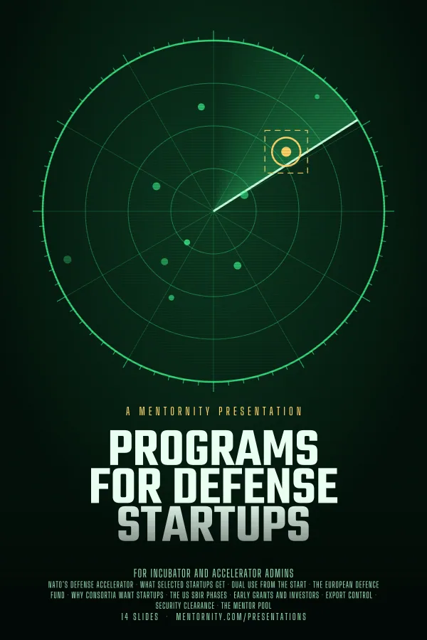Film-style poster for the Programs for Defense Startups presentation