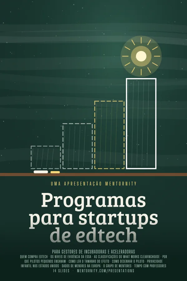 Pôster em estilo de cinema da apresentação Programas para startups de edtech