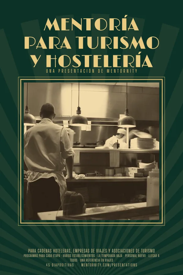 Póster de estilo cinematográfico de la presentación Mentoría para turismo y hostelería
