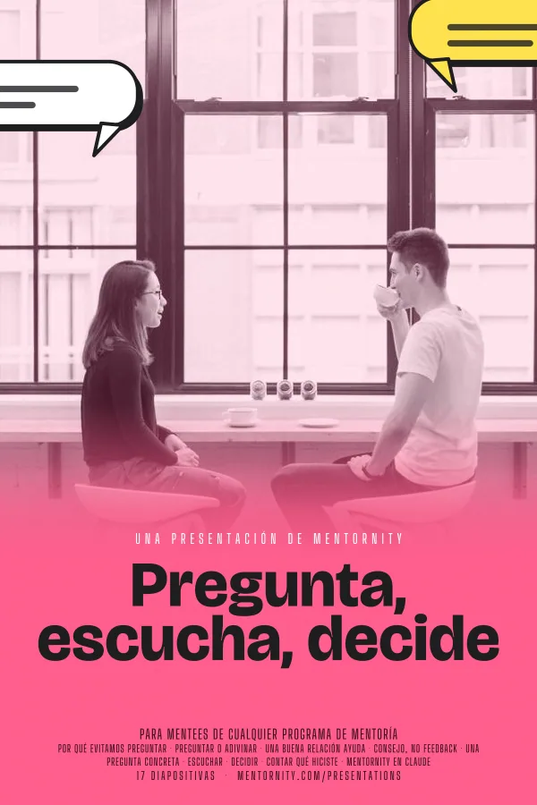 Póster de estilo cinematográfico de la presentación Pregunta, escucha, decide