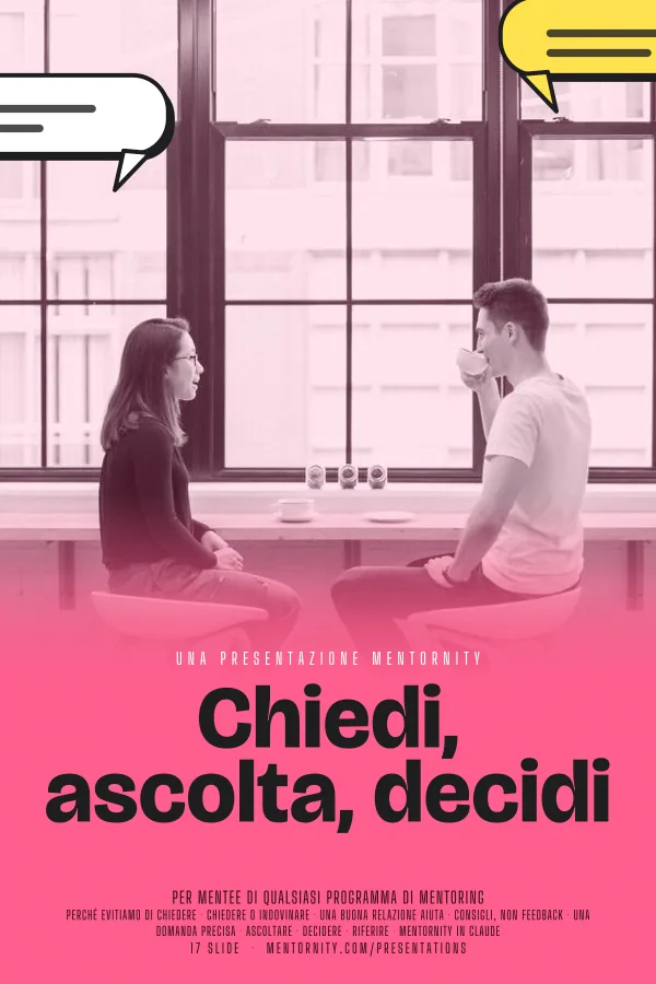 Locandina in stile film della presentazione Chiedi, ascolta, decidi