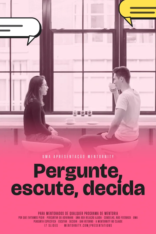 Pôster em estilo de cinema da apresentação Pergunte, escute, decida