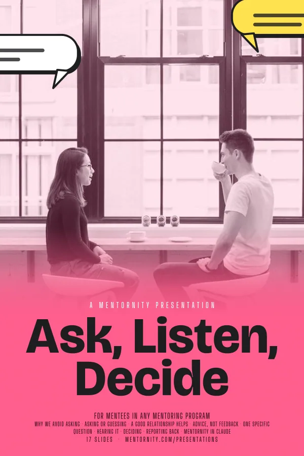 Film-style poster for the Ask, Listen, Decide presentation
