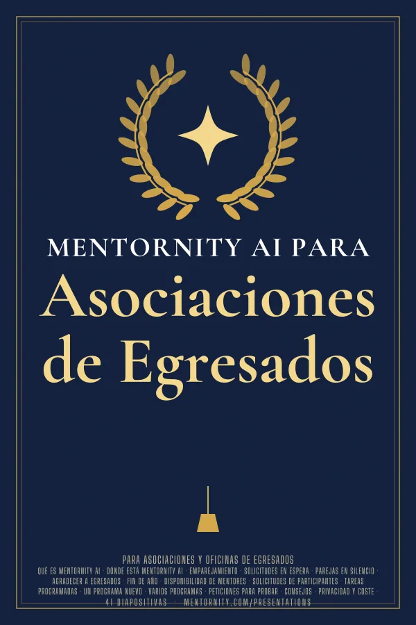Póster de estilo cinematográfico de la presentación Mentornity AI para Asociaciones de Egresados