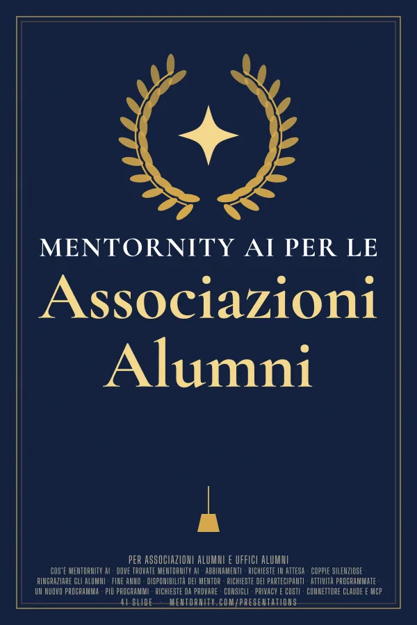 Locandina in stile film della presentazione Mentornity AI per le Associazioni Alumni