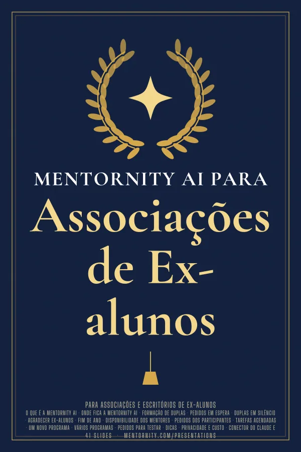 Pôster em estilo de cinema da apresentação Mentornity AI para Associações de Ex-alunos