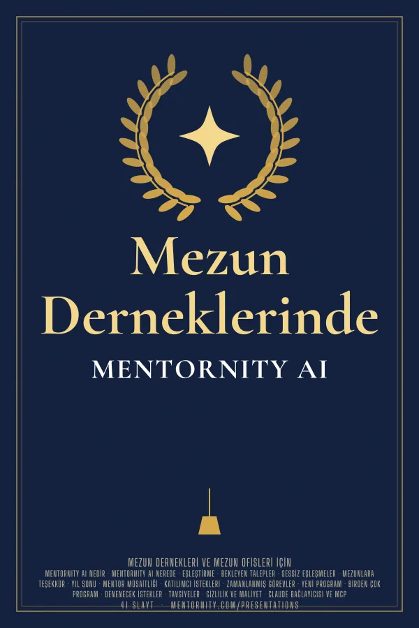 Mezun Derneklerinde Mentornity AI sunumu için film afişi tarzında görsel
