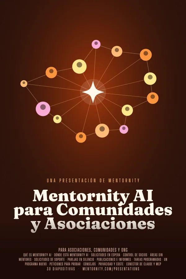 Póster de estilo cinematográfico de la presentación Mentornity AI para Comunidades y Asociaciones