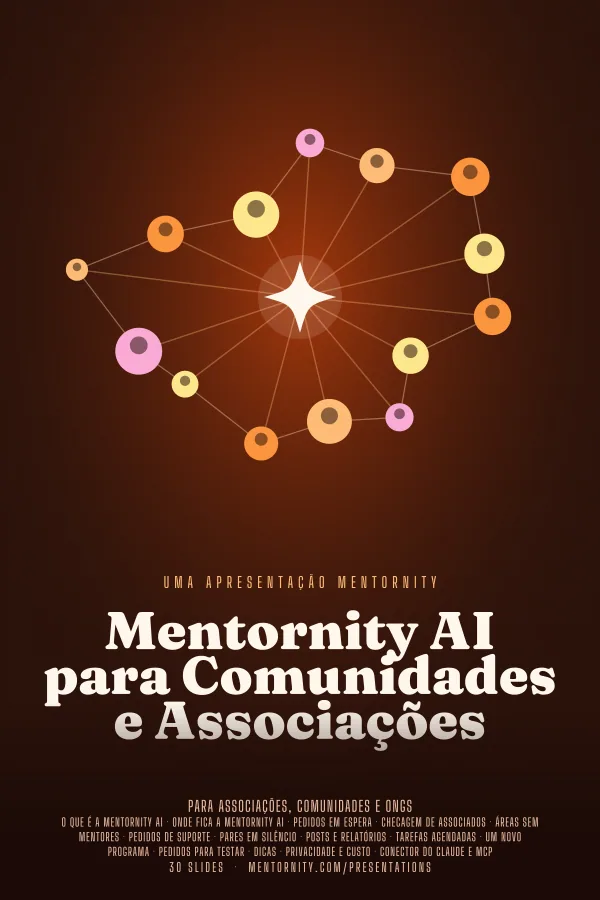 Pôster em estilo de cinema da apresentação Mentornity AI para Comunidades e Associações
