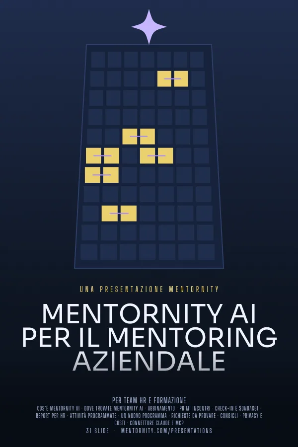 Locandina in stile film della presentazione Mentornity AI per il Mentoring Aziendale
