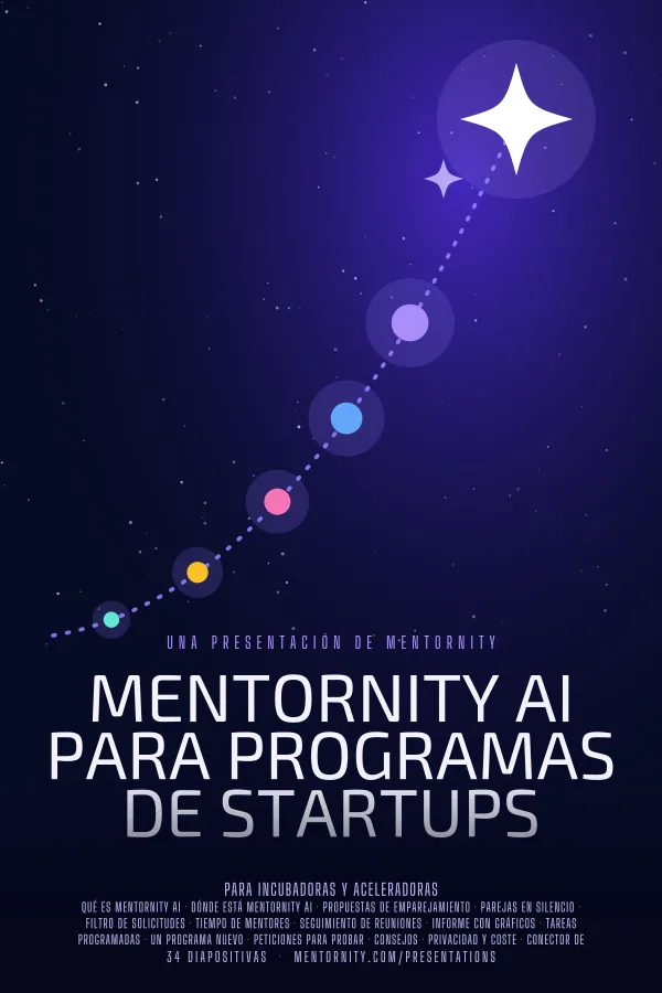 Póster de estilo cinematográfico de la presentación Mentornity AI para Programas de Startups