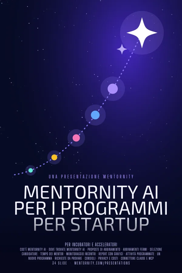 Locandina in stile film della presentazione Mentornity AI per i Programmi per Startup