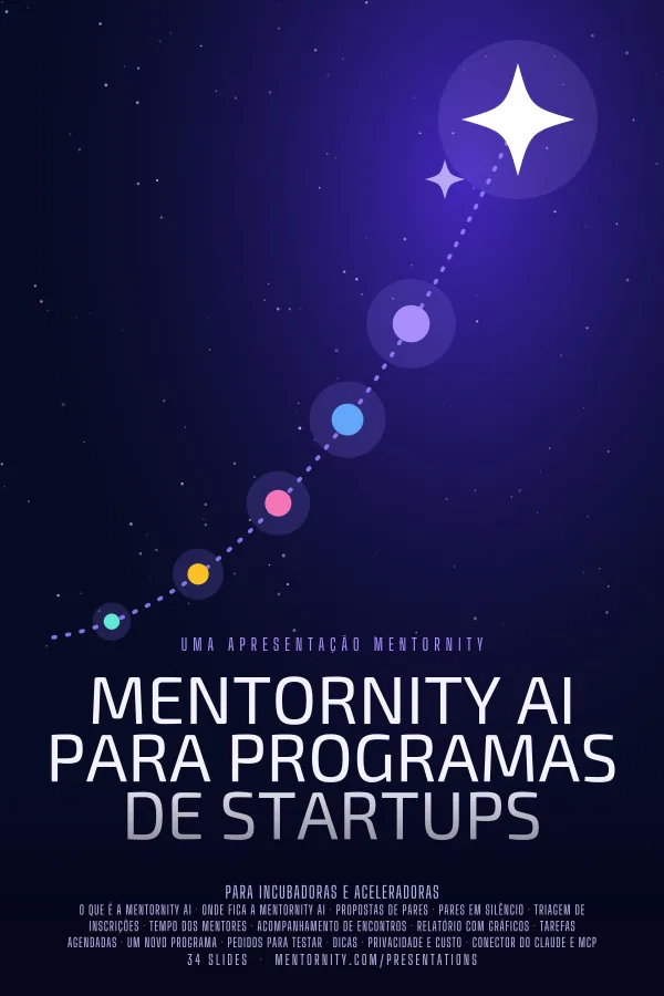 Pôster em estilo de cinema da apresentação Mentornity AI para Programas de Startups