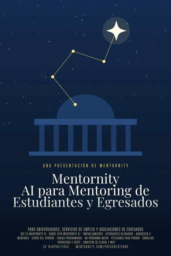 Póster de estilo cinematográfico de la presentación Mentornity AI para Mentoring de Estudiantes y Egresados