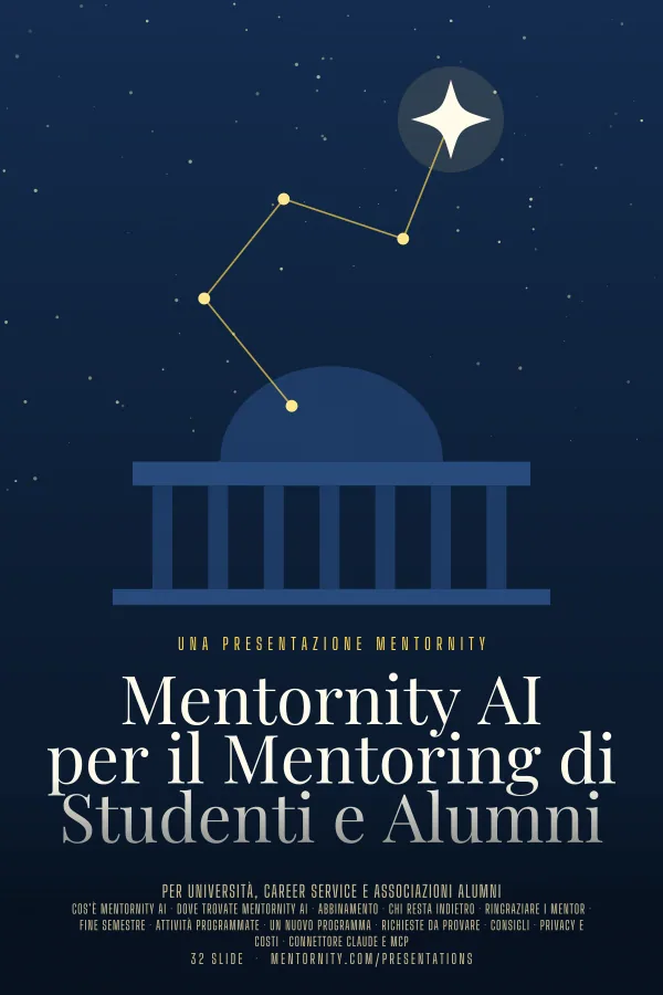 Locandina in stile film della presentazione Mentornity AI per il Mentoring di Studenti e Alumni