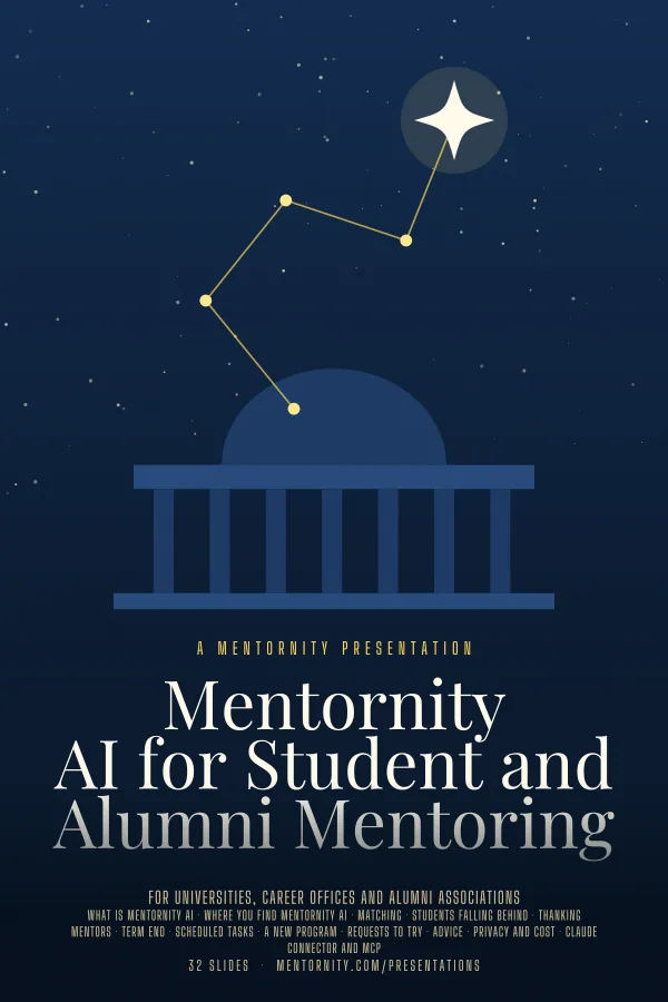 Film-style poster for the Mentornity AI for Student and Alumni Mentoring presentation