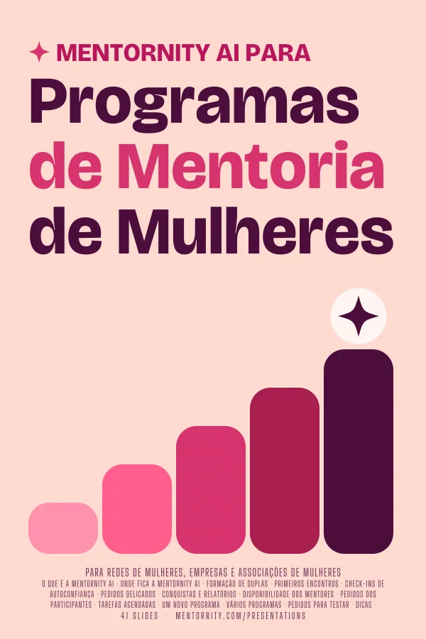 Pôster em estilo de cinema da apresentação Mentornity AI para Programas de Mentoria de Mulheres