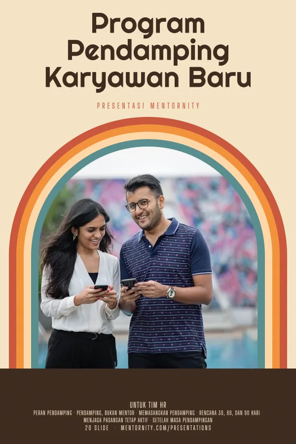 Poster bergaya film untuk presentasi Program Pendamping Karyawan Baru