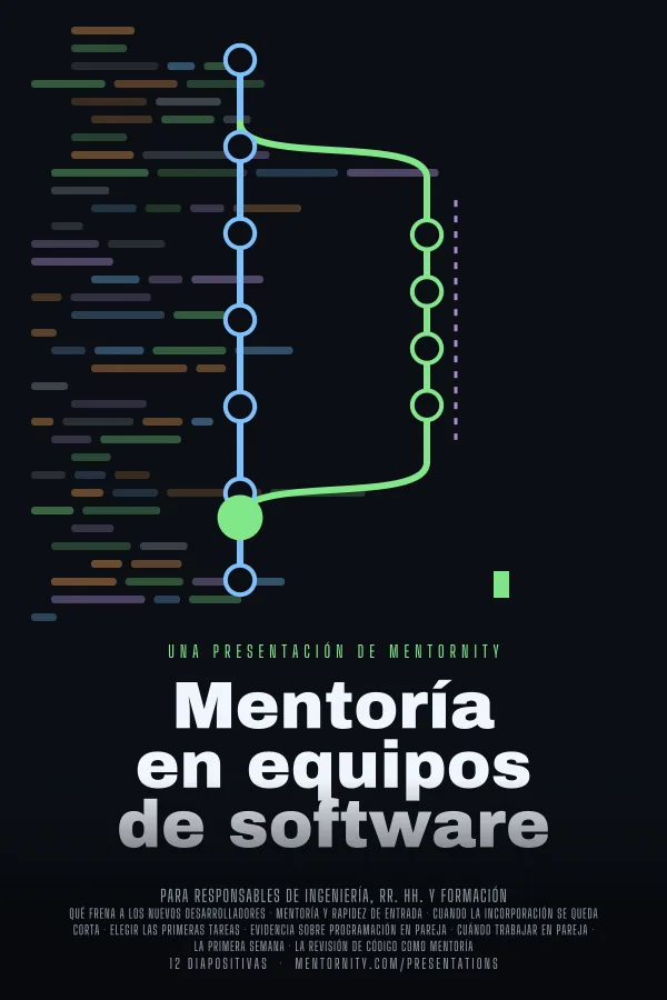 Póster de estilo cinematográfico de la presentación Mentoría en equipos de software