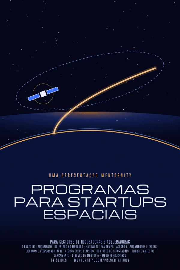 Pôster em estilo de cinema da apresentação Programas para startups espaciais