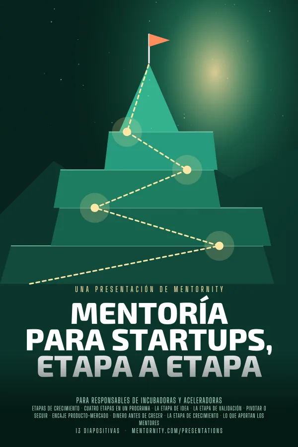 Póster de estilo cinematográfico de la presentación Mentoría para startups, etapa a etapa