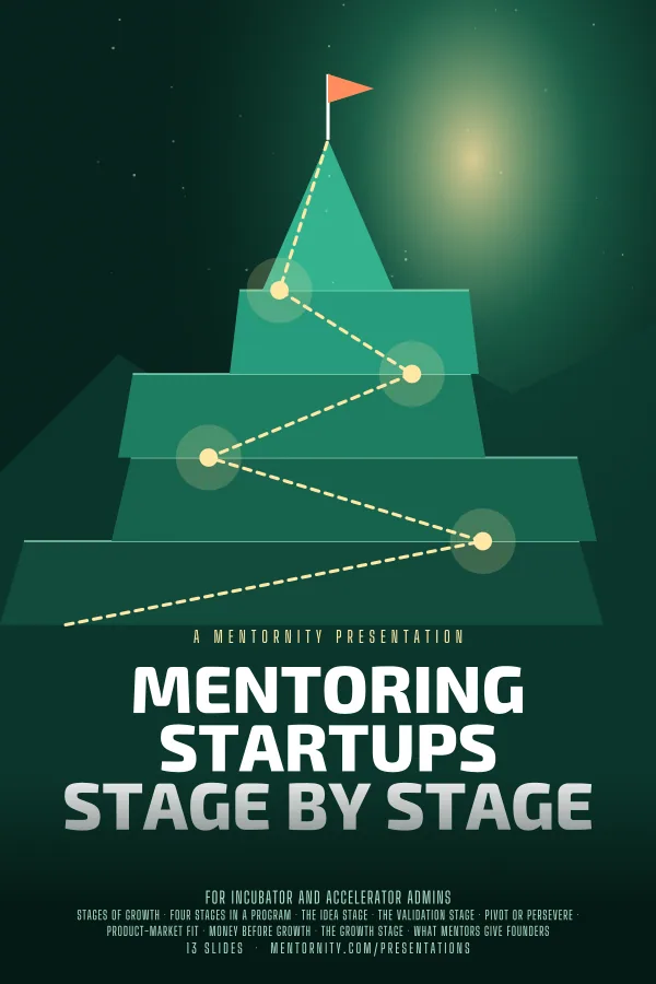 Film-style poster for the Mentoring Startups Stage by Stage presentation