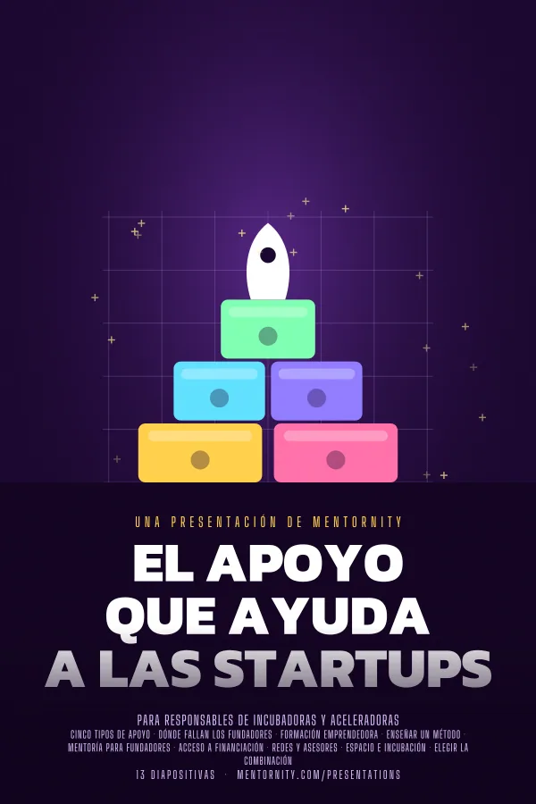 Póster de estilo cinematográfico de la presentación El apoyo que ayuda a las startups