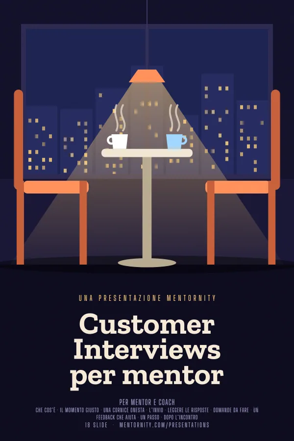 Locandina in stile film della presentazione Customer Interviews per mentor