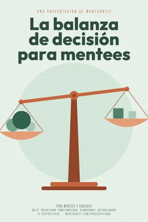 Imagen estilo póster de cine para la presentación La balanza de decisión para mentees