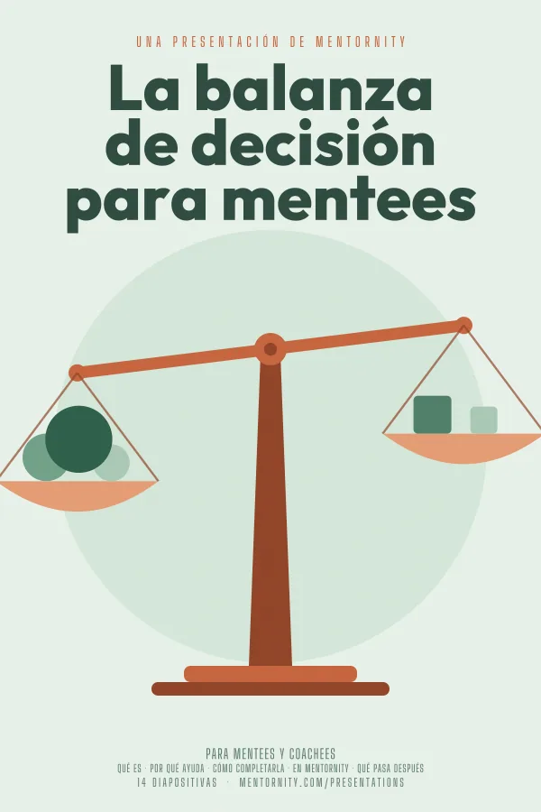 Póster de estilo cinematográfico de la presentación La balanza de decisión para mentees