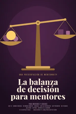Imagen estilo póster de cine para la presentación La balanza de decisión para mentores