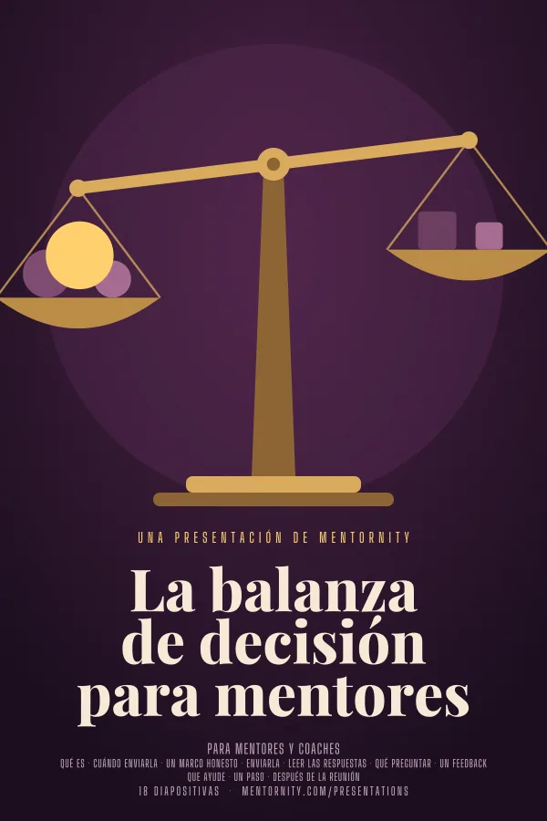 Póster de estilo cinematográfico de la presentación La balanza de decisión para mentores