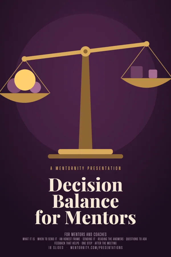 Film-style poster for the Decision Balance for Mentors presentation