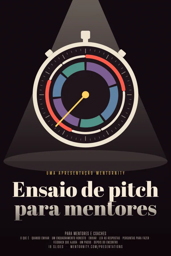 Pôster em estilo de cinema da apresentação Ensaio de pitch para mentores