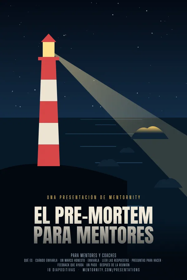 Póster de estilo cinematográfico de la presentación El pre-mortem para mentores