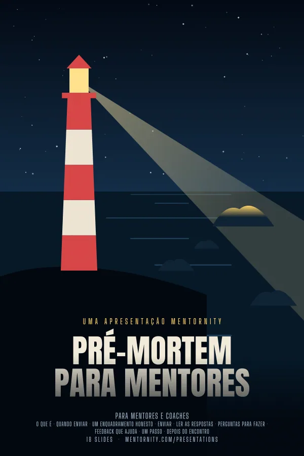Pôster em estilo de cinema da apresentação Pré-mortem para mentores