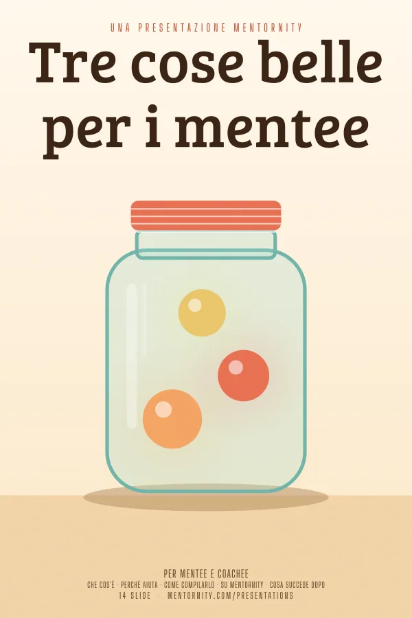 Locandina in stile film della presentazione Tre cose belle per i mentee
