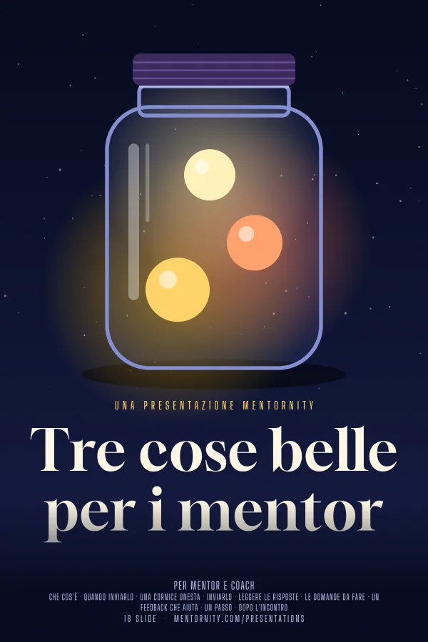 Locandina in stile film della presentazione Tre cose belle per i mentor