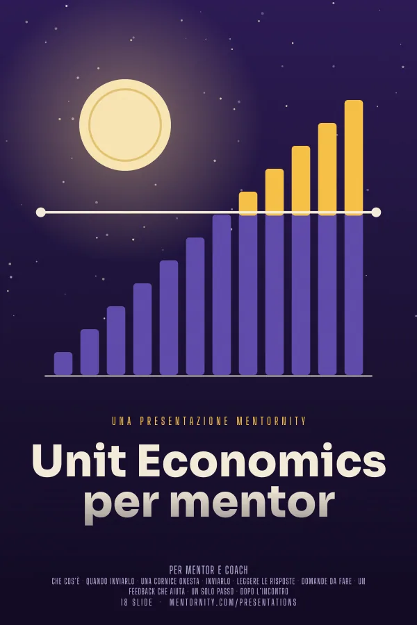 Locandina in stile film della presentazione Unit Economics per mentor