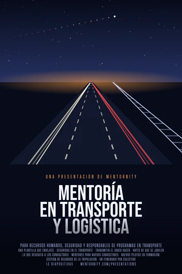 Póster de estilo cinematográfico de la presentación Mentoría en transporte y logística